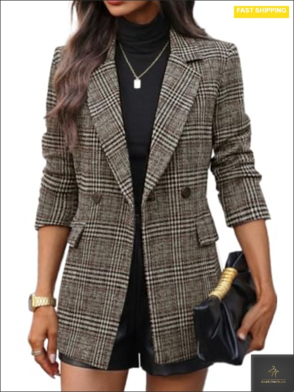 Long Slim-Fit Plaid Tweed Double-Breasted Blazer
